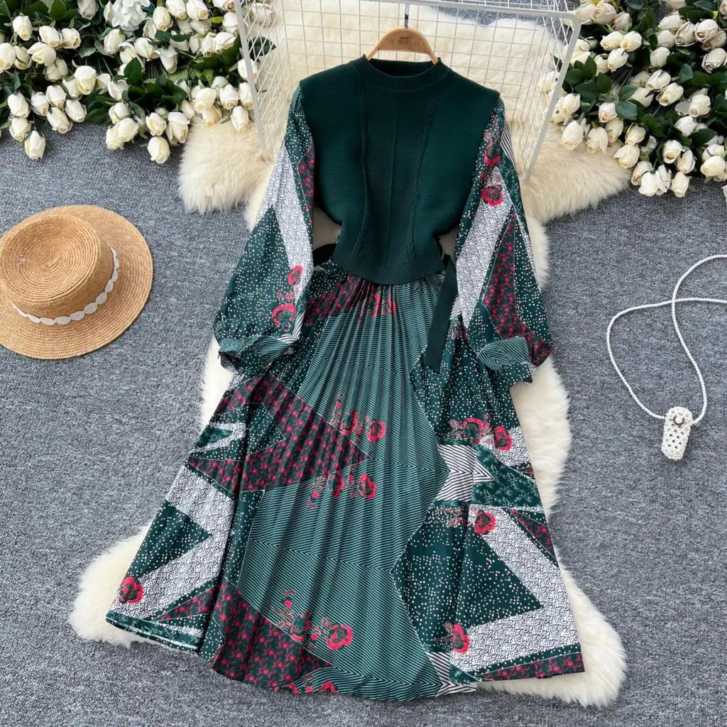 French Vintage Patchwork Print Knitted Dress Elegant and Chic Boho Beach Holiday Dresses A-Line Slim Waist Pleated Vestidos New