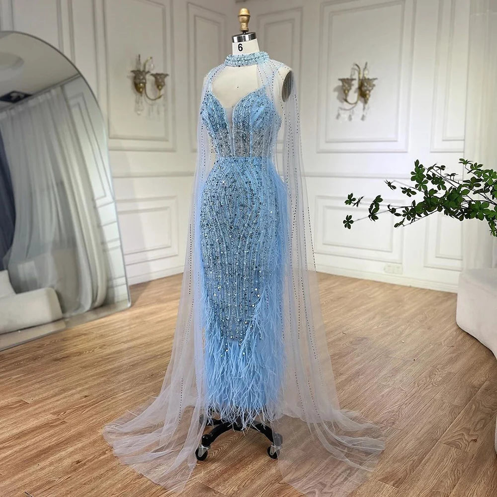 Serene Hill 2024 White Nude Mermaid Wedding Party Dresses with Beaded Feathers Luxury Cape Sleeves Prom Party Gowns LA72047A