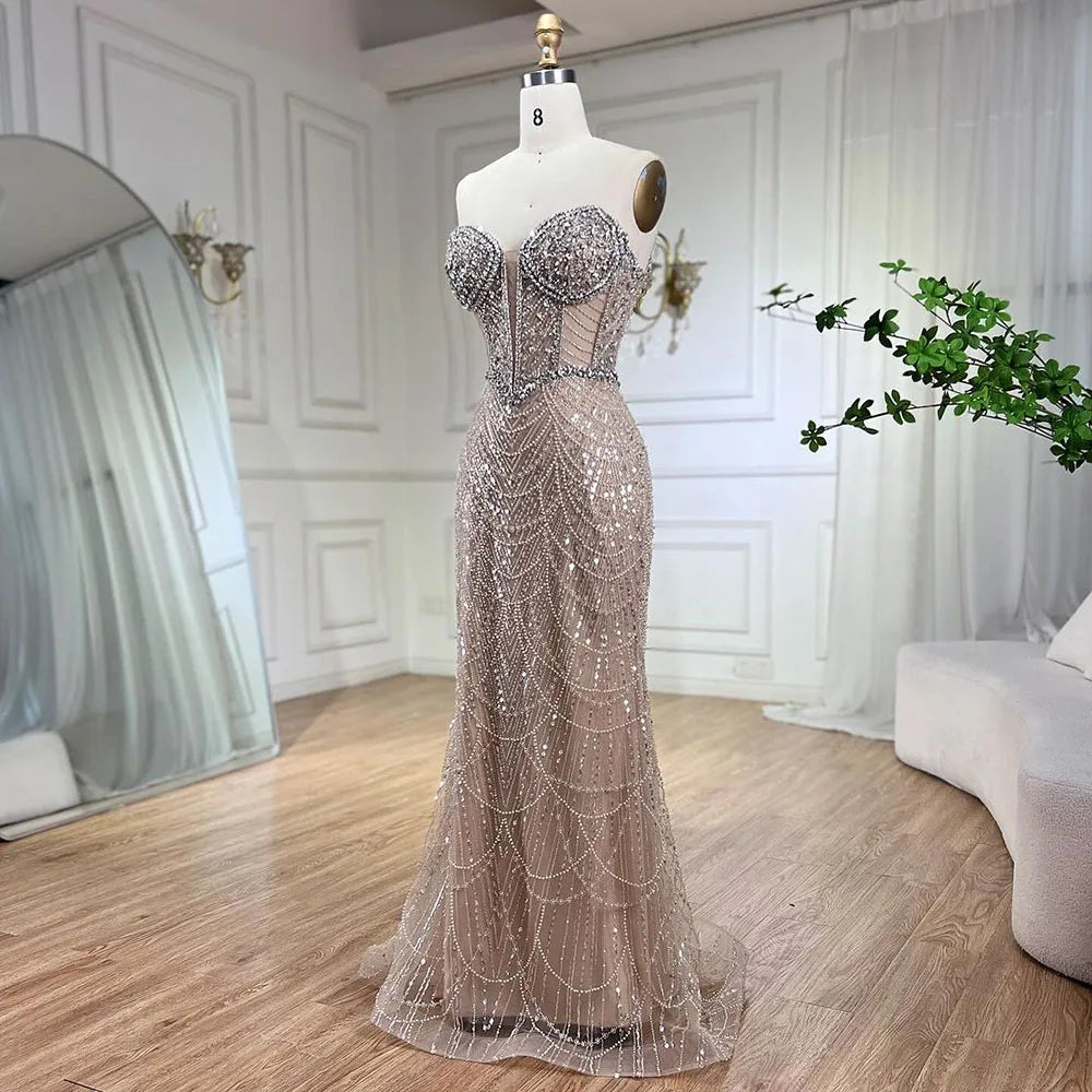 Serene Hill Nude Strapless Mermaid Luxury Evening Dresses Gowns And Beaded Design Arabic 2024 For Women Wedding Party LA72249