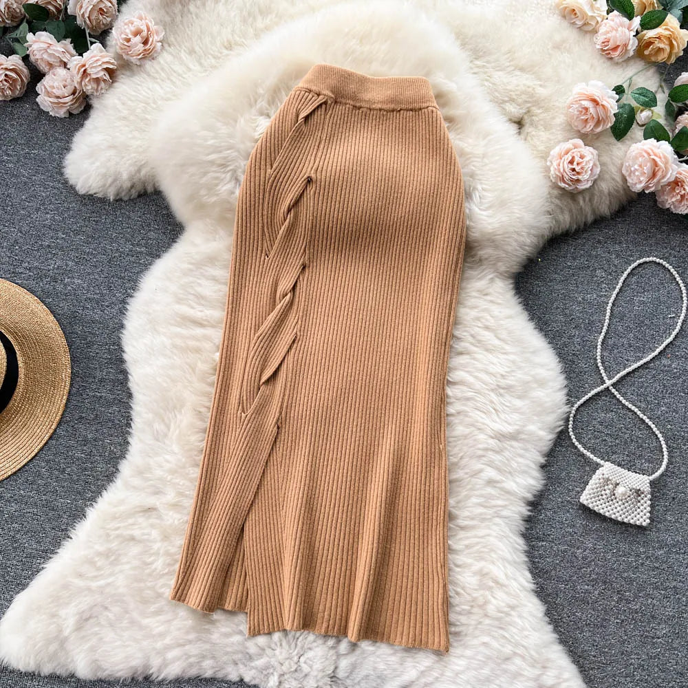 Women Elegant Chic Split Sexy Skirt Elastic Knit High Waist Fashion Vintage Pencil Skirt Black White Spring Autumn Clothing