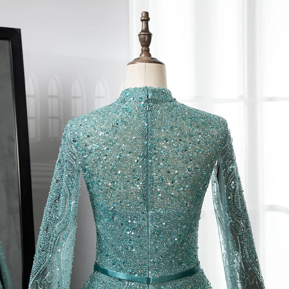 Serene Hill Blue A-Line High-end Beaded Luxury Cape Sleeves Evening Dresses Gowns 2024 For Woman Party Plus Size LA70066B