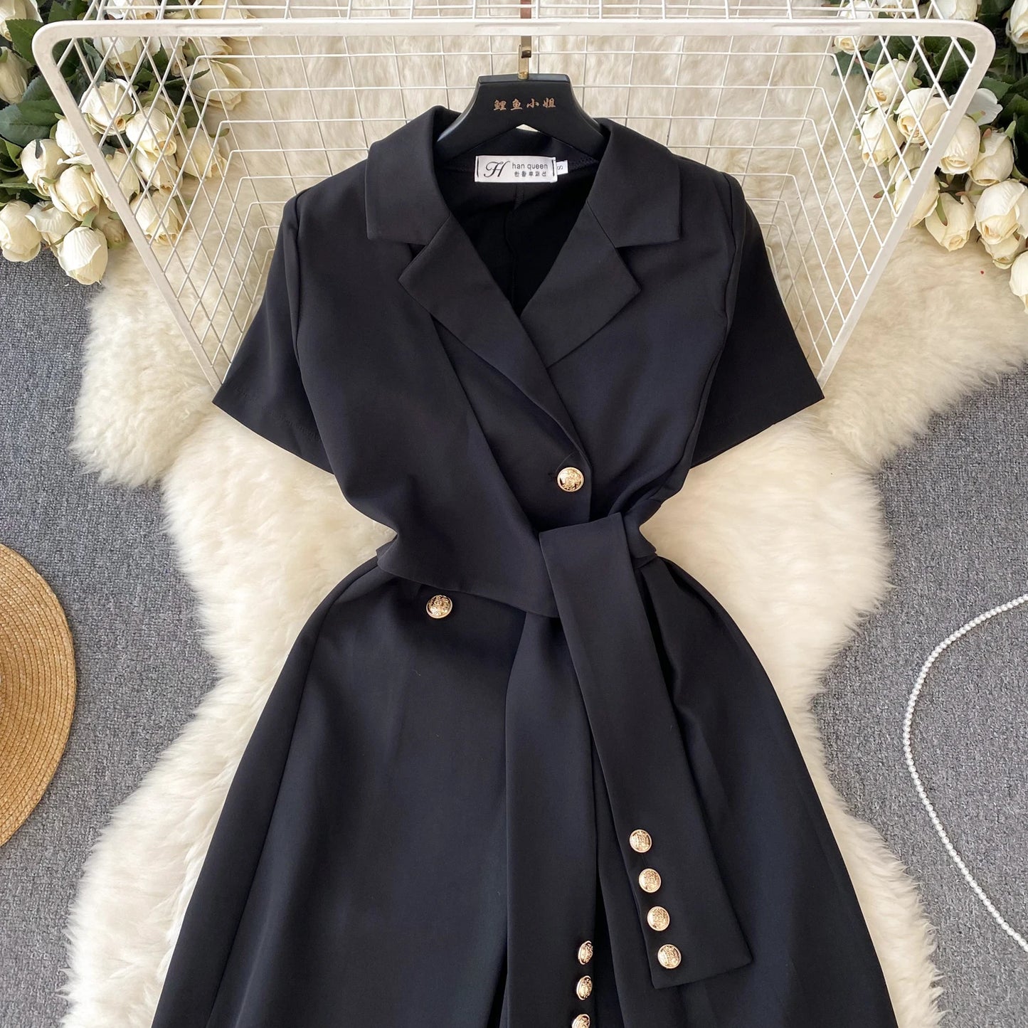 Retro Black Blazer Dress Women Lapel Short Sleeved Short Dresses Summer Casual Short Sleeve Slim Bandage Dress Vestidos