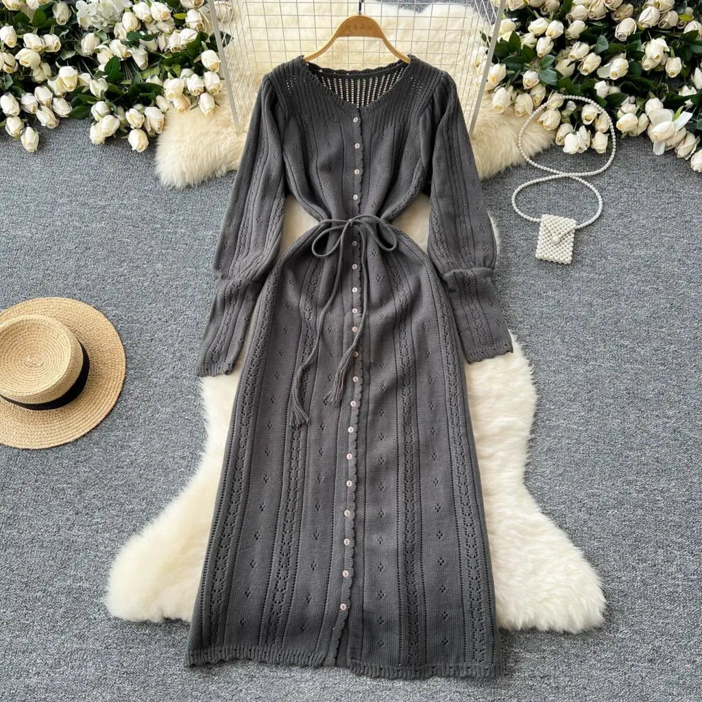 Elegant Autumn Solid Knitted Dresses for Women Sweet Hook Flower Hollow Strap A-line Korean Fashion Casual Vestidos Mujer New