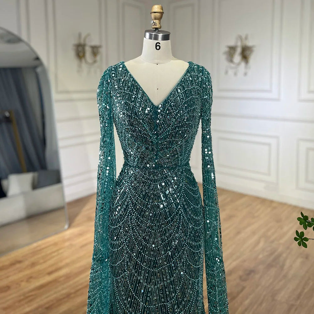 Serene Hill Arabic White Luxury Pearls Beaded Mermaid Cape Sleeves Evening Gowns 2024 For Women Wedding Party LA72160