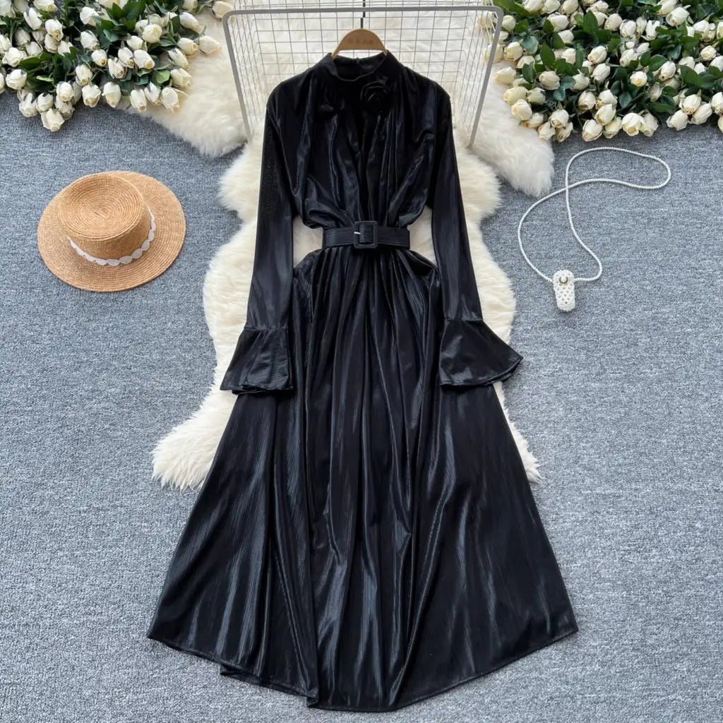 Autumn Vintage Pleated Women Long Dress Elegant Stand Collar Solid A-Line Party Prom Vestidos Female Birthday Clothes Mujers