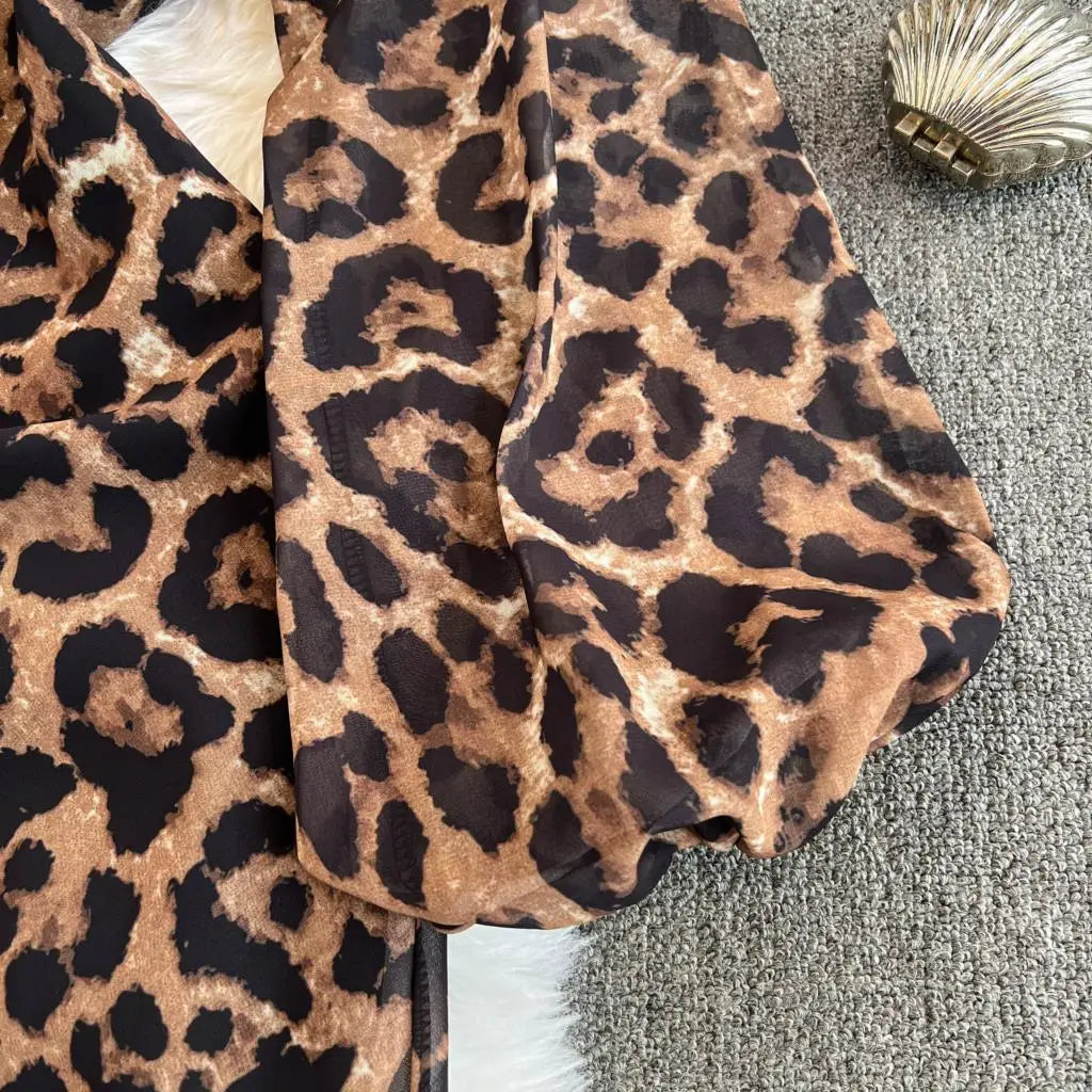 Autumn Elegant Women Leopard Print Long Sleeve Dress Casual Loose A-Line Slit Evening Dresses New Fashion Vintage Vestido Mujers