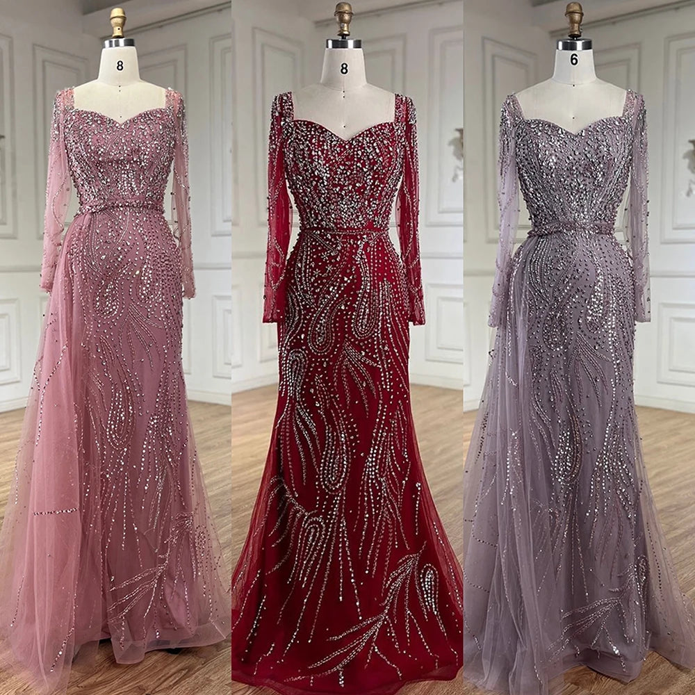 Serene Hill Arabic Pink Elegant Mermaid Overskirt Luxury Beaded Long Evening Dresses Gowns For Formal Occasion 2024 LA72441