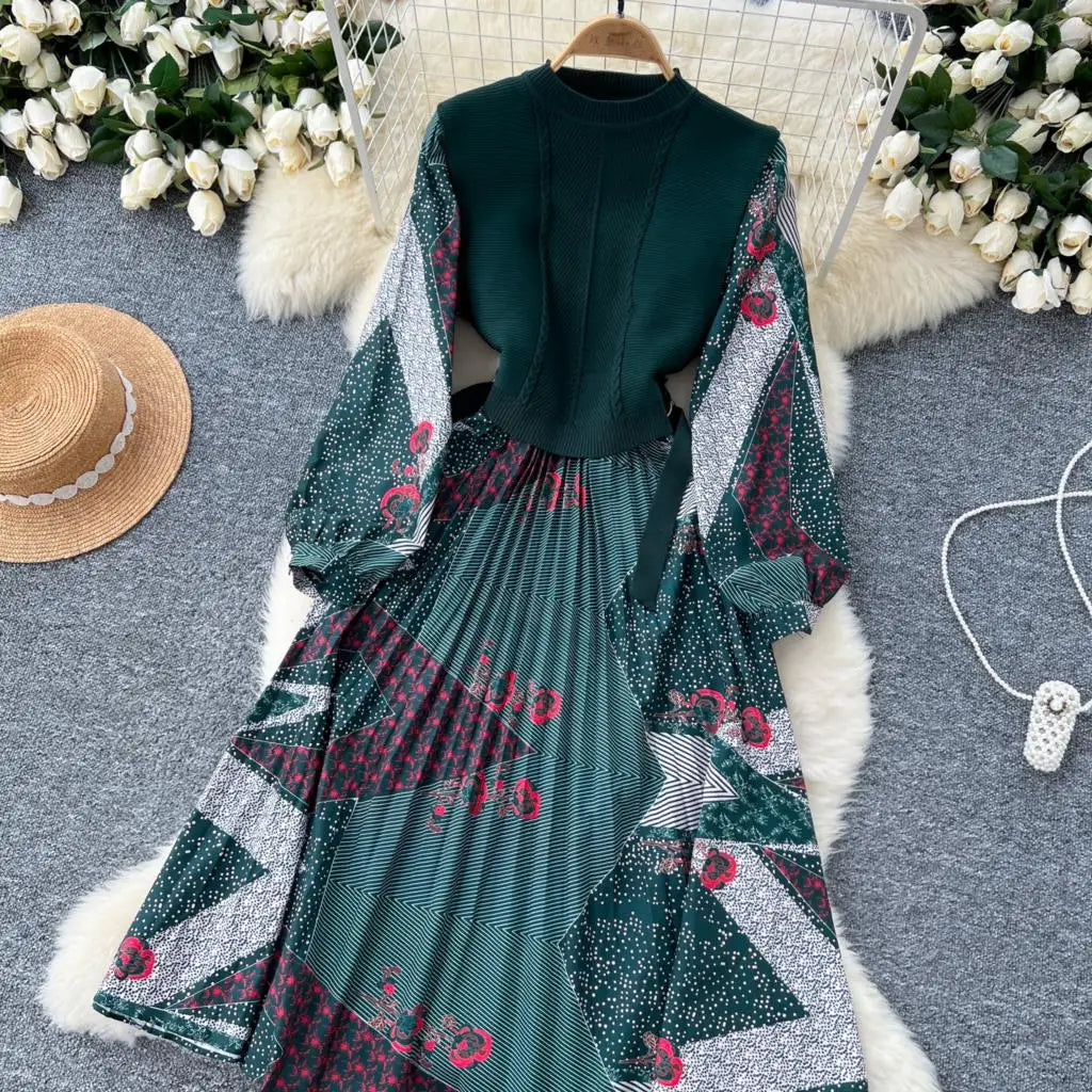 French Vintage Patchwork Print Knitted Dress Elegant and Chic Boho Beach Holiday Dresses A-Line Slim Waist Pleated Vestidos New