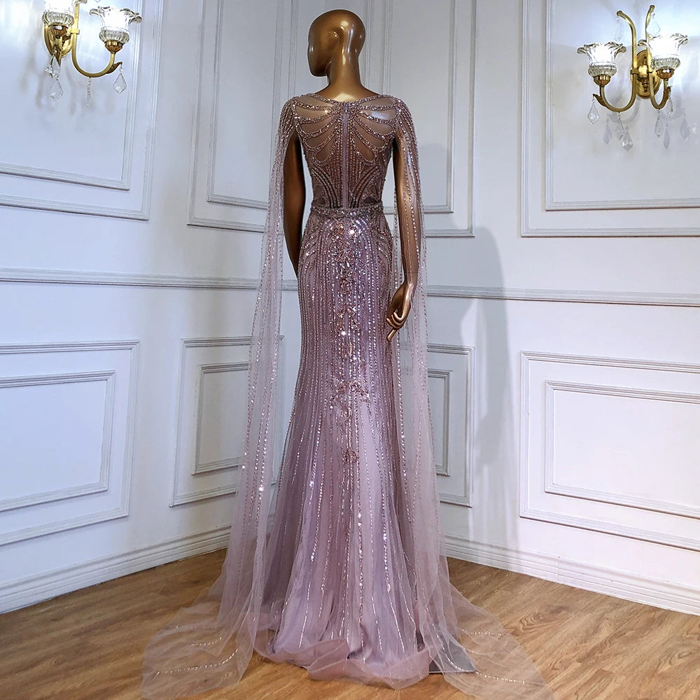 Serene Hill Brown Mermaid Elegant 2024 With Cape Sleeves Beaded Luxury Evening Dresses Gowns For Women Party LA70638