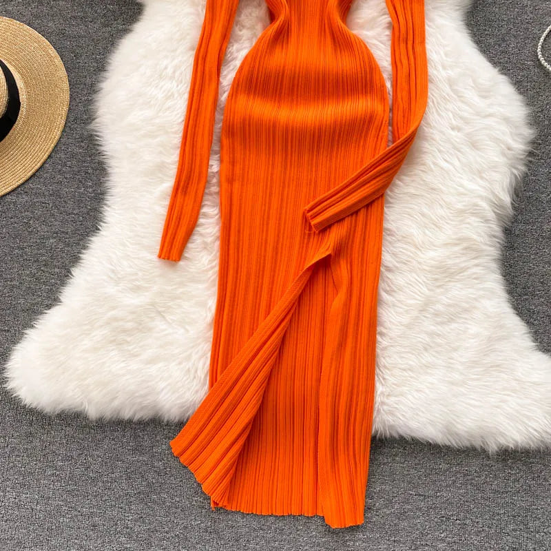 Women Chic Elegant Long Sleeve Split Bodycon Midi Dress Sexy French Fashion Knit Wrap Vestidos Elastic Slim Pencil Sweater Dress