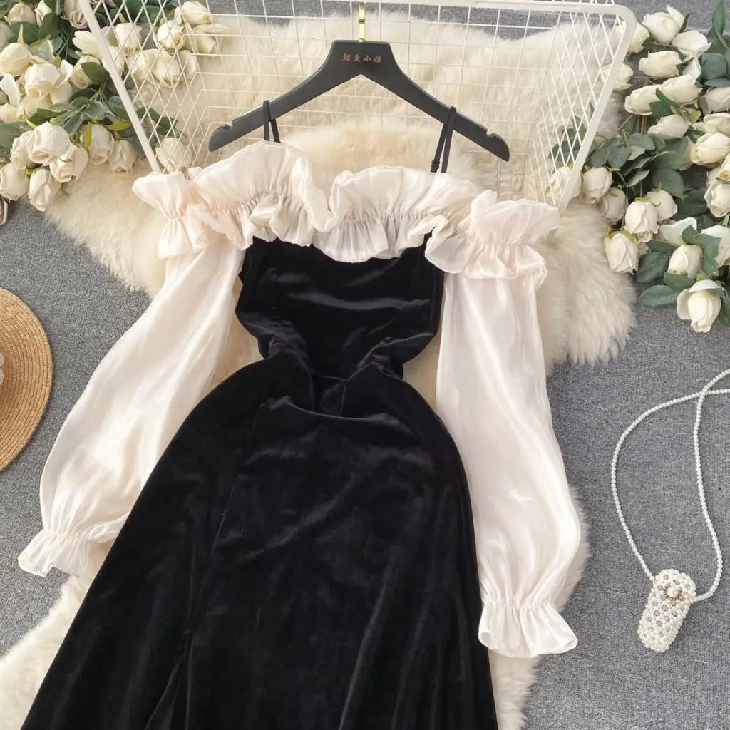 Sexy Bodycon Off Shoulder Party Dress Women Ruffles Velvet Patchwork Elegant Lady Fashion Prom Robe A-Line Vestidos Mujers New