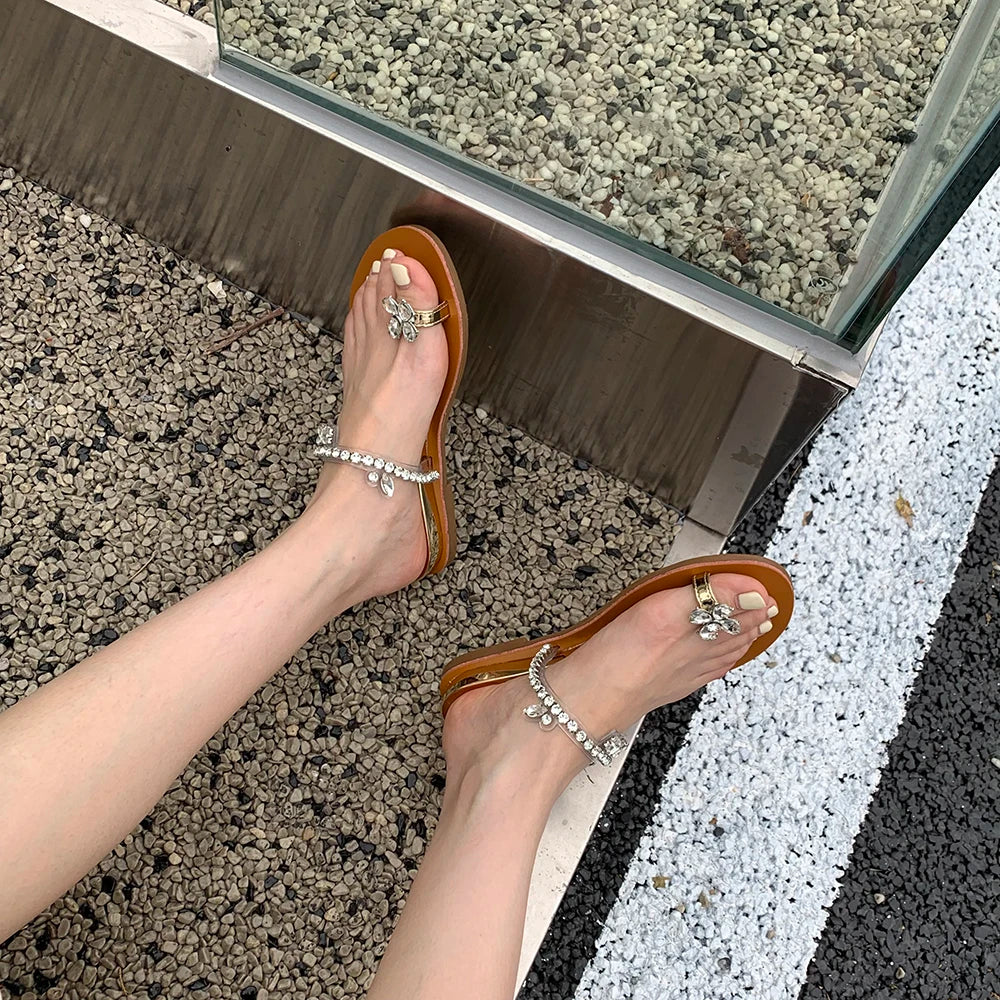Clip Toe Women Sandals Slippers Black Brown Silver Summer Outside Mules Shoes Rhinestone Chain Low Heels Party Pumps Size 35-39