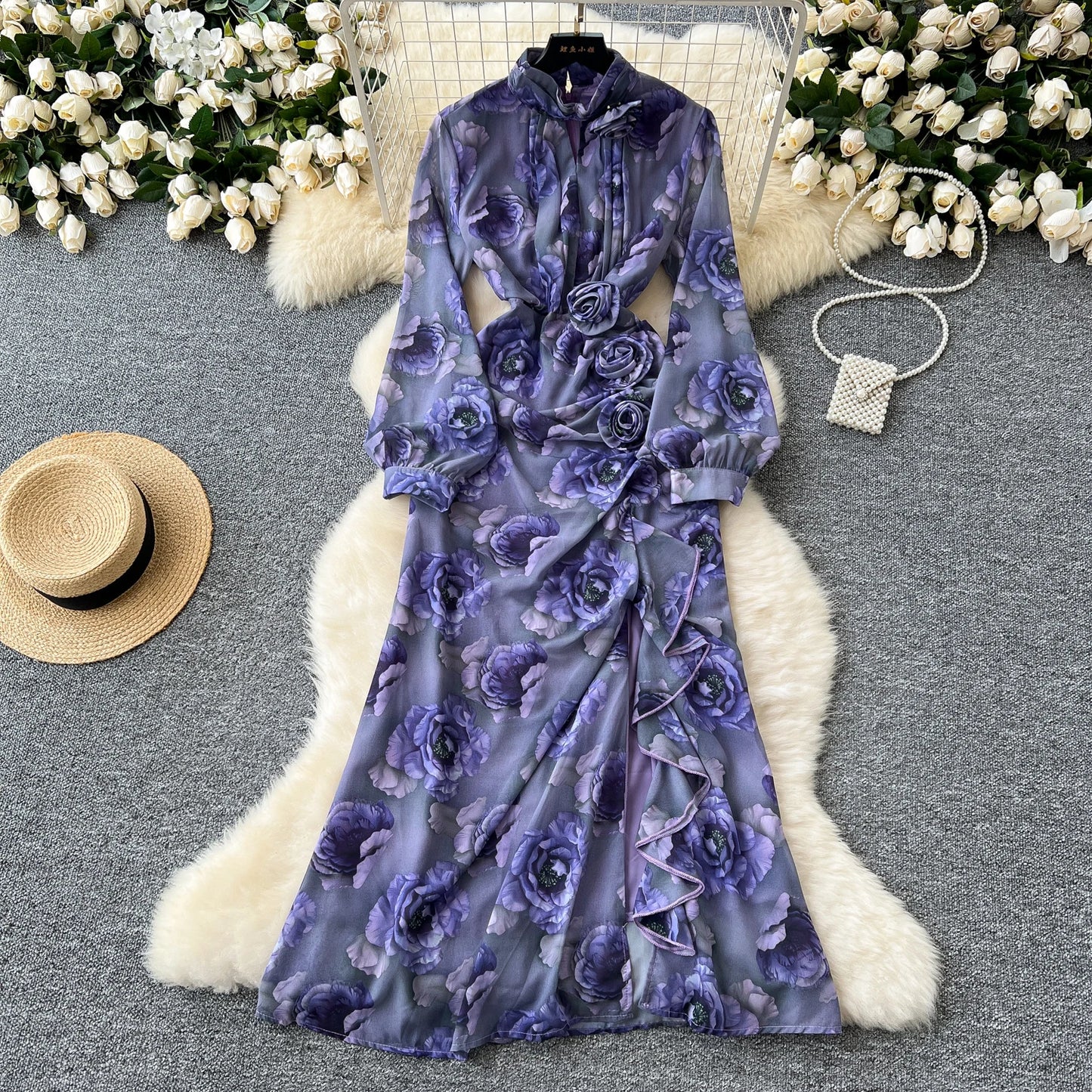Chic French Sexy Pleated Floral Print Elegant Ruffle Dress Vintage Split Slim High Street Evening Women Autumn Winter Clothing
