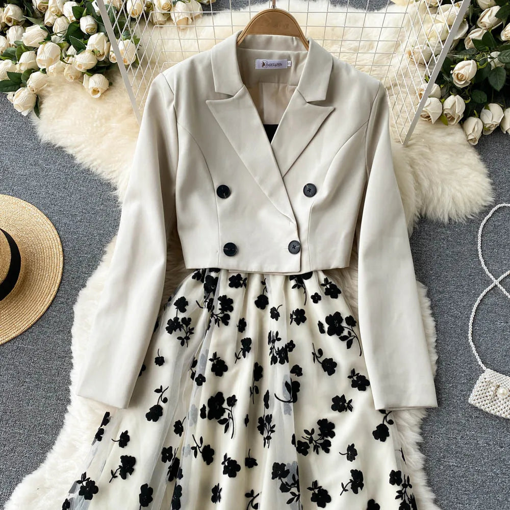French Style Elegant Two Piece Sets Women Double Breasted Blazer Jacket + Mesh A-line Long Dress Fashion Korean Outfits