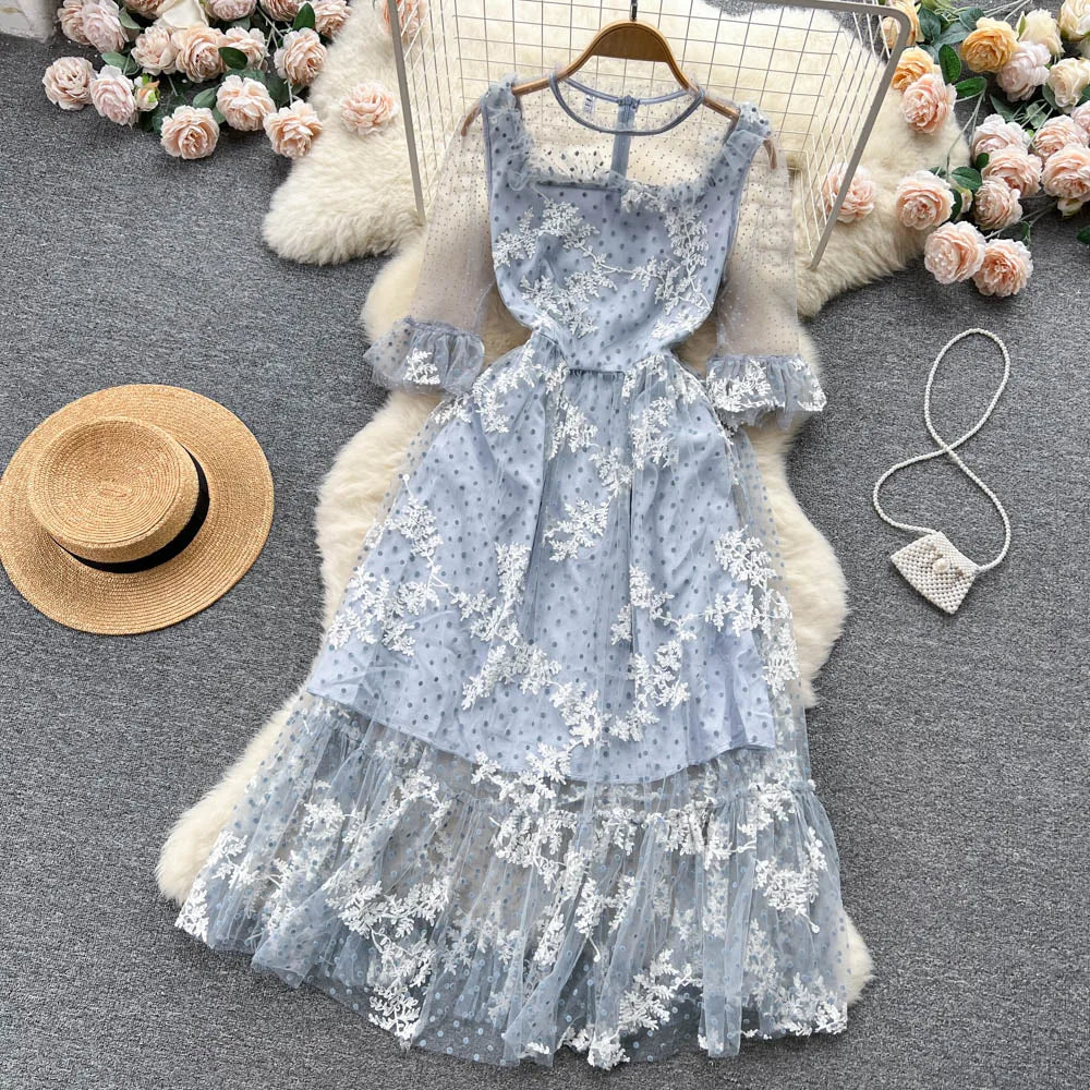 High Quality France Style Mesh Dress Women Long Ruffles Sleeves O Neck Embroidery Dot Zipper Ruched Gentle Party Sundress
