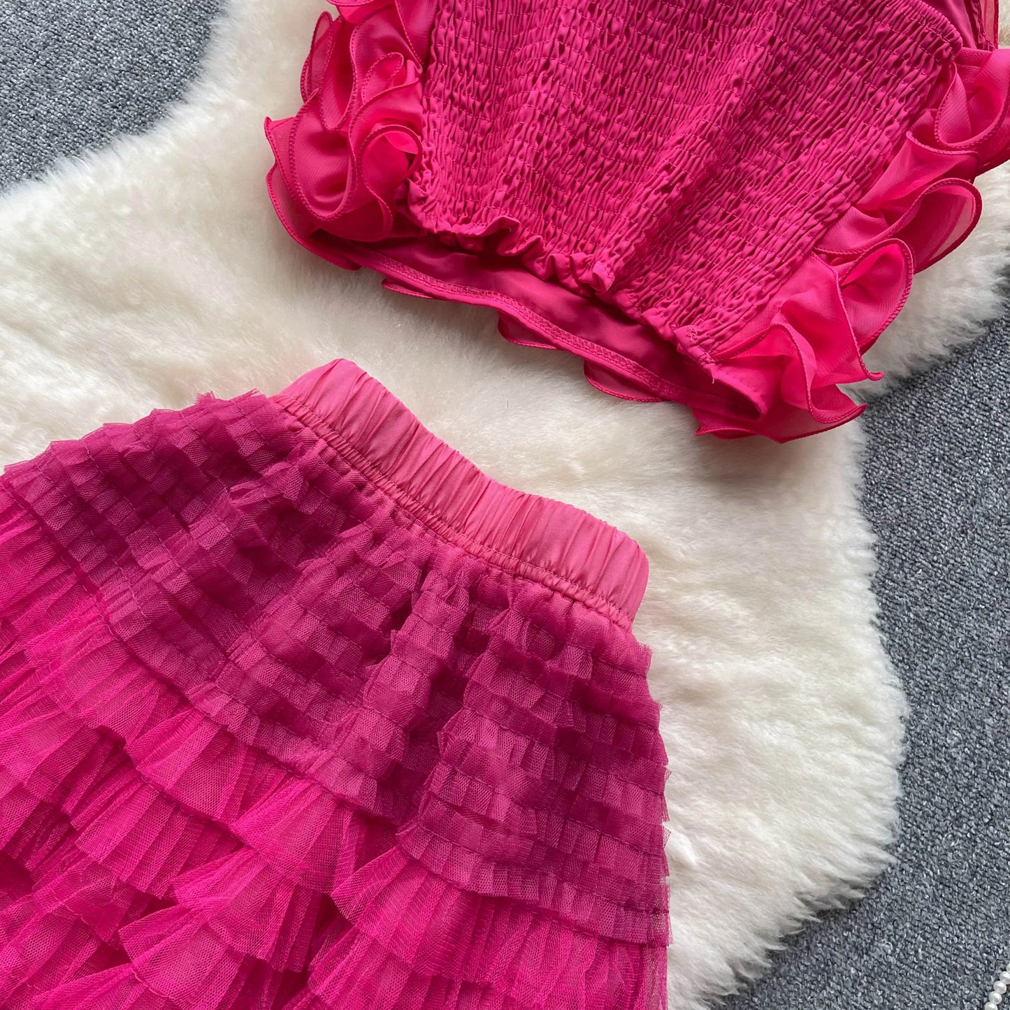 New Women Two Piece Set Summer Three-dimensional Flower Mesh Vest Tank Tops+mesh Long Skirts Fashion Korean Outfits