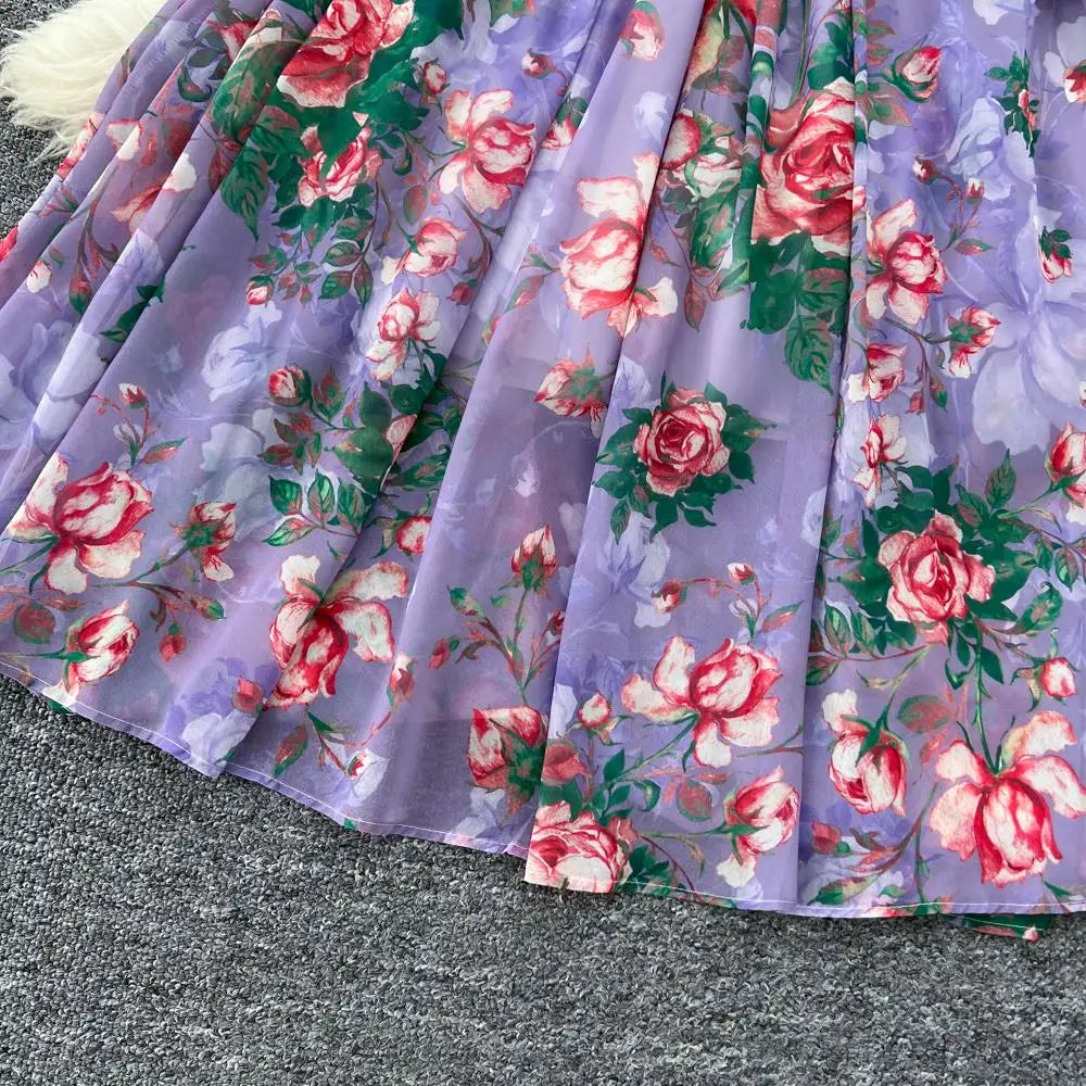 Women Elegant Floral Print Dress for Women Vintage V-Neck Long Sleeves Chiffon Slim A-Line Vestidos Mujer Autumn Female Clothes