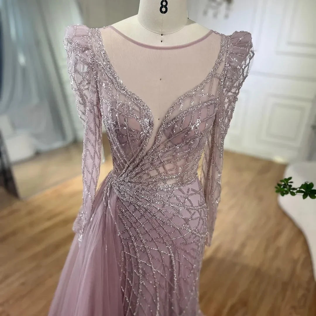 SERENE HILL Arabic Muslim Pink Mermaid Luxury Beaded Evening Dresses 2024 Gowns With Skirt For Women Wedding Party GLA72206