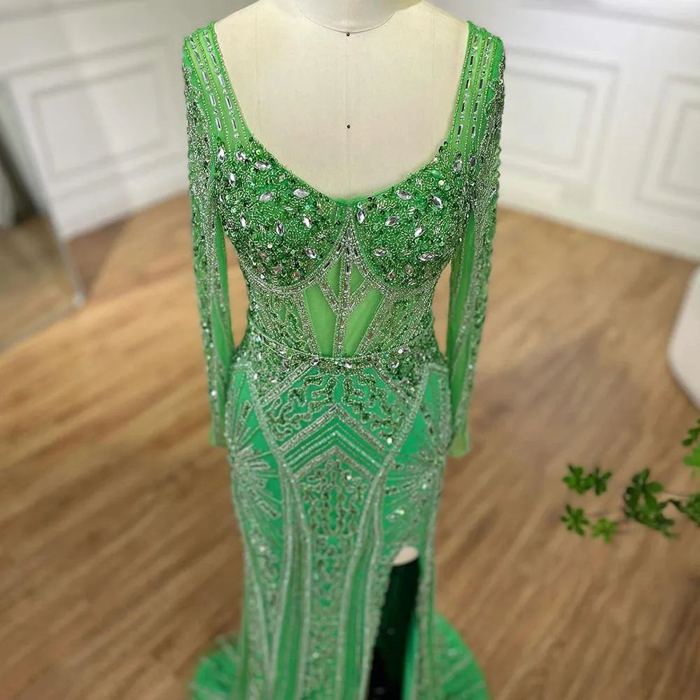 Serene Hill 2024 Women Wedding Parties Dubai Arabia Luxury Beaded Evening Dresses Gowns Green Elegant Split Mermaid LA72518