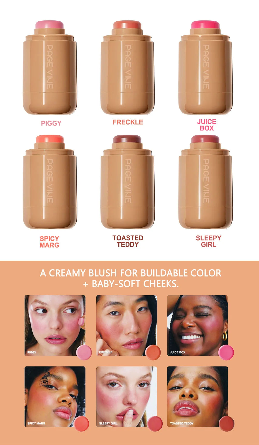 PAGE VINE Pocket Blush Stick Multi-Functional 6 Colors Lip & Cheek Highlighter Waterproof Natural Glow Balm