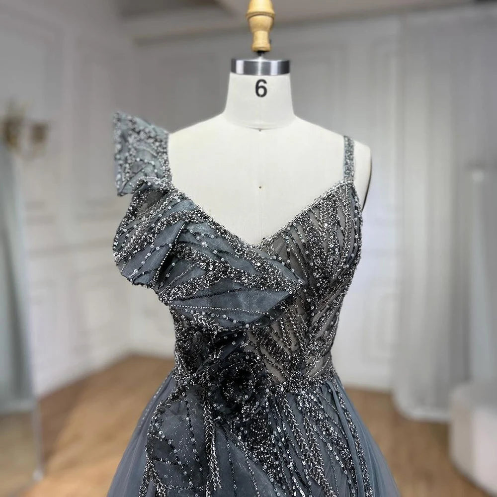 Serene Hill Golden Mermaid Evening Dress With Skirt - Women's Luxury Grey Beaded Spaghetti Strap Party 2024, LA72341