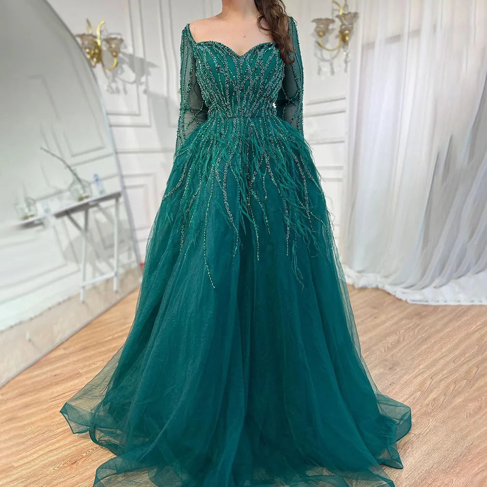 Serene Hill Arabic Red Elegant A Line For Women Long Sleeves Evening Dress Luxury Beaded Handmade Feathers 2024 LA71468