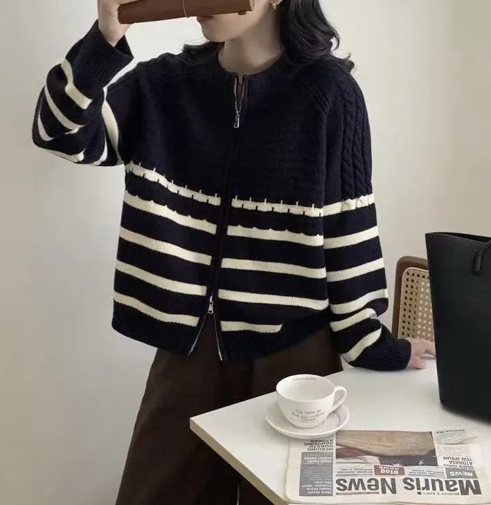 Autumn Winter Korean Edition Stripe Color Contrast Double Zipper Short Knitted Cardigan Women's Loose Fit Long Sleeve Sweater