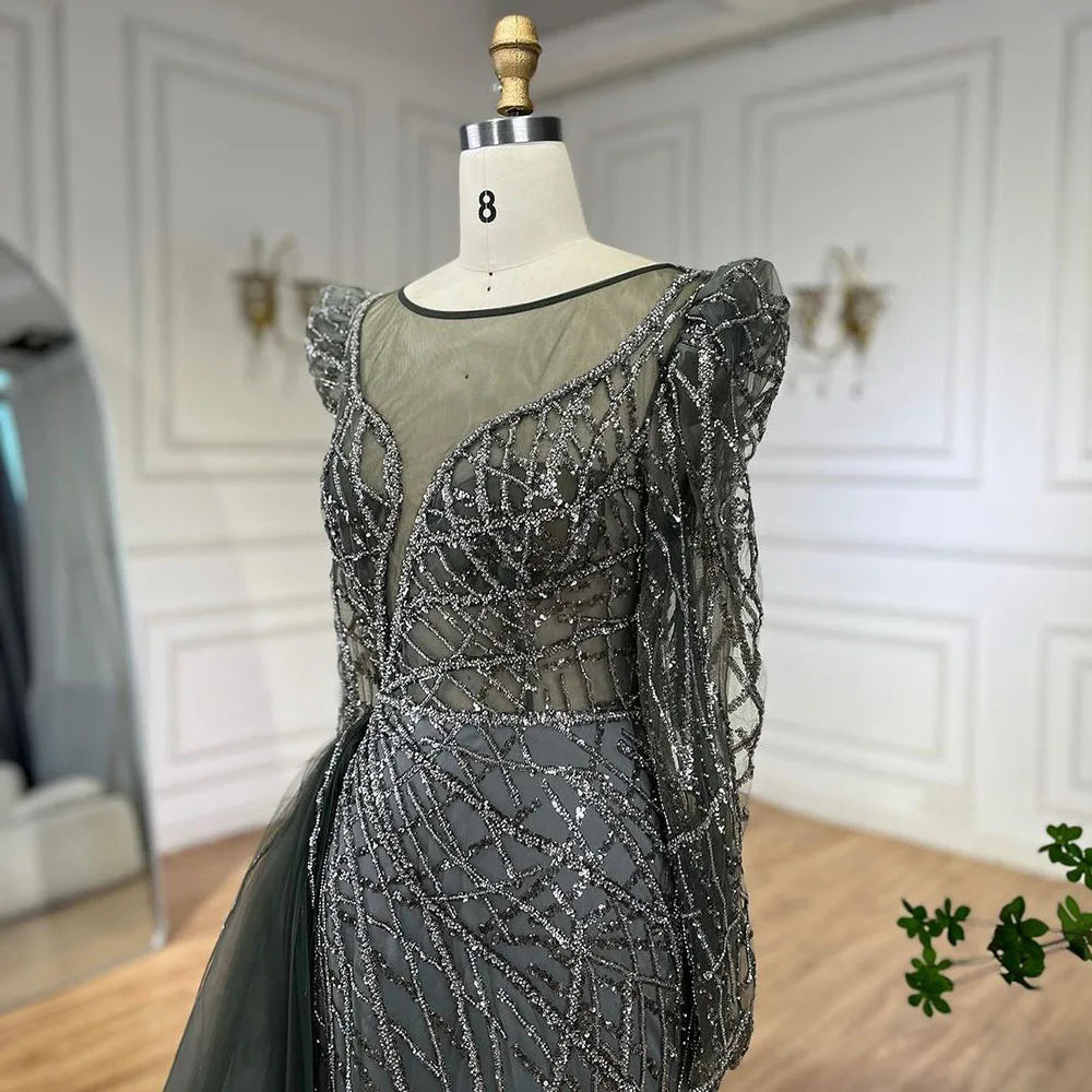 Serene Hill Muslim Gold Mermaid Beaded Luxury Dubai Evening Dresses Gowns With Overskirt 2024 For Women Party LA72206