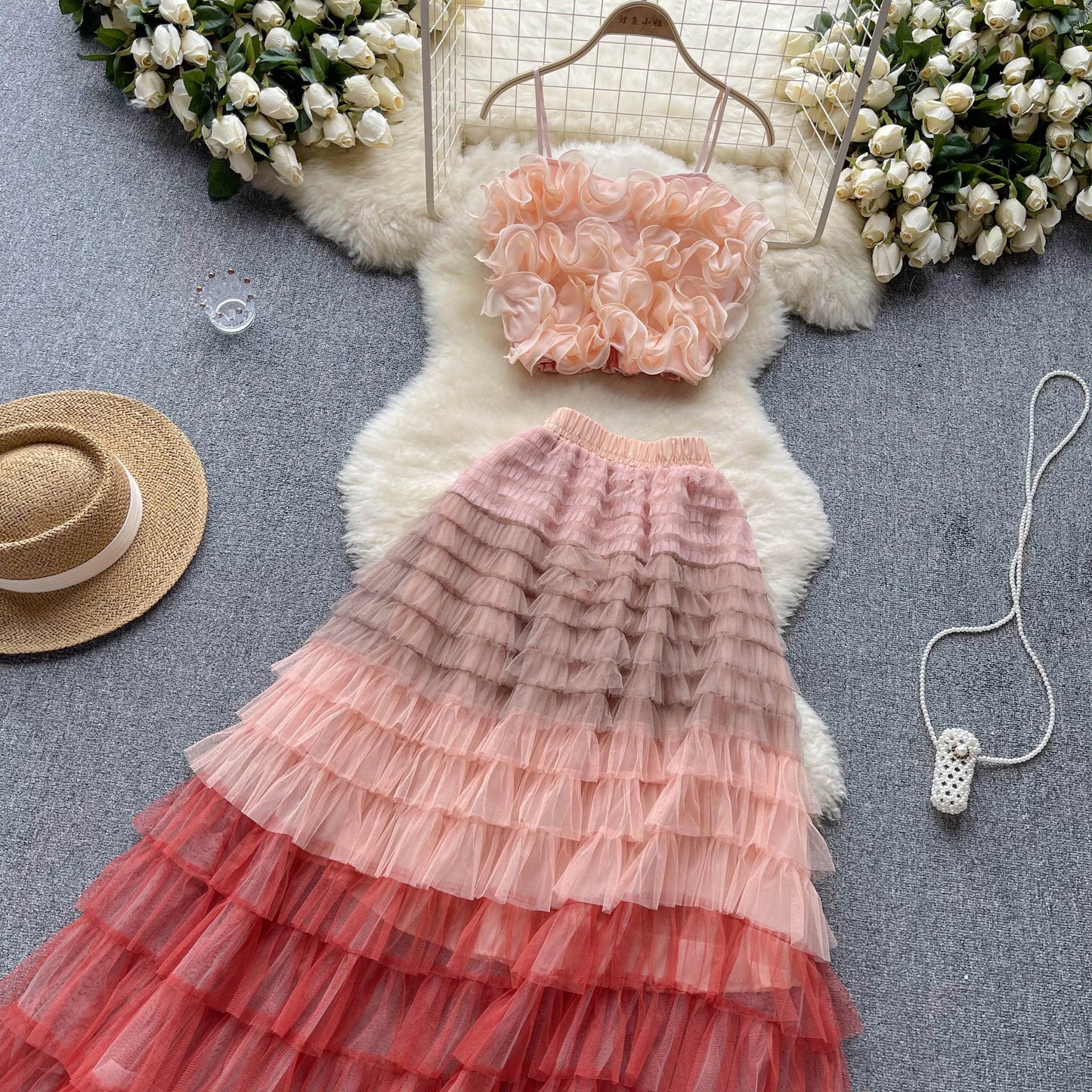 New Women Two Piece Set Summer Three-dimensional Flower Mesh Vest Tank Tops+mesh Long Skirts Fashion Korean Outfits
