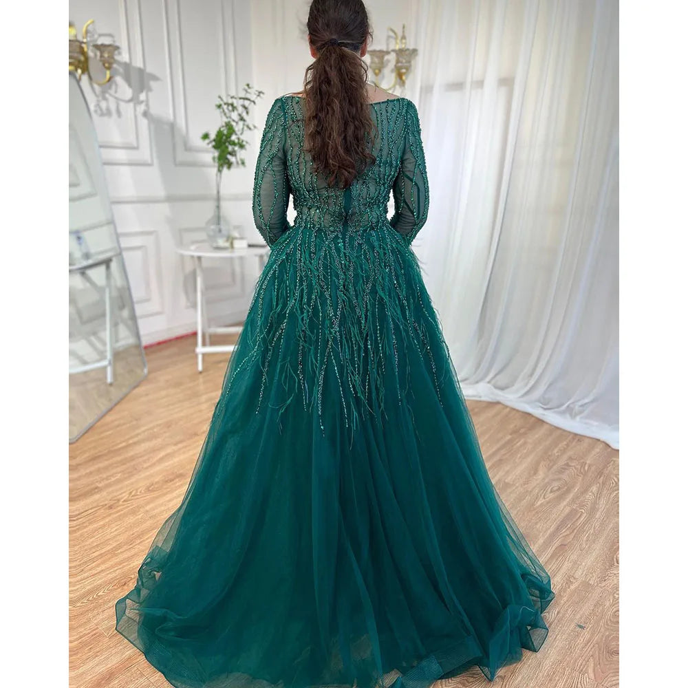 Serene Hill Arabic Red Elegant A Line For Women Long Sleeves Evening Dress Luxury Beaded Handmade Feathers 2024 LA71468