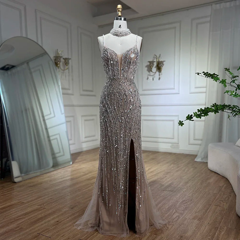 SERENE HILL 2024 Silver Nude Mermaid Spaghetti Straps Beaded Feathers Split Evening Dresses Long Gowns For Woman Party GLA72047B