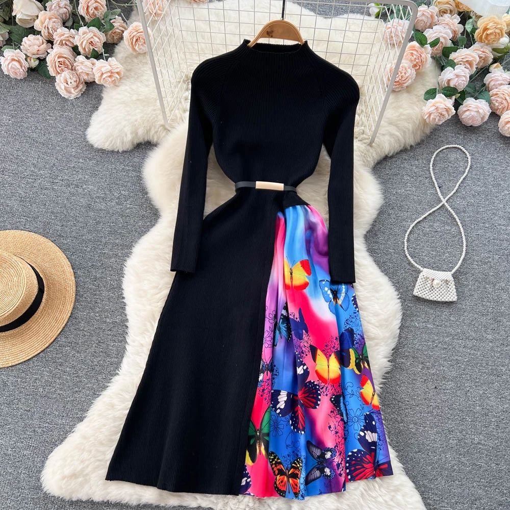 Elegant Chic Print Patchwork Knit Dress French Long Sleeve Party A-line Vestidos High Waist Basic Slim Women Autumn Winter Dress