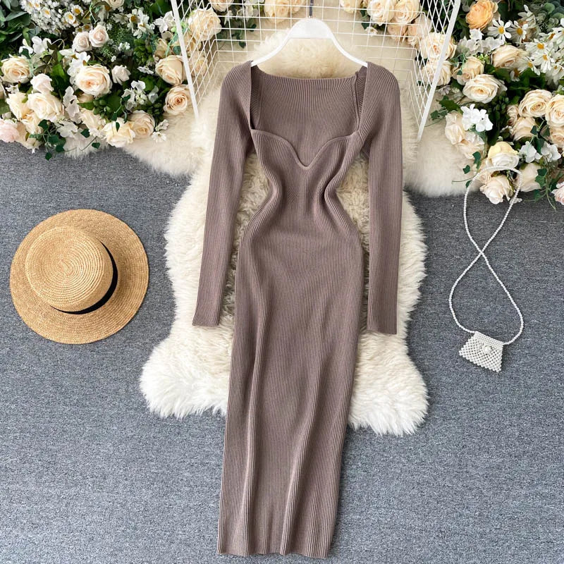 Women Long Sleeve Sexy Bodycon Dress with slit Vintage French Fashion Knit v neck Vestidos Basic Tight Elegant Slim Chic Dresses