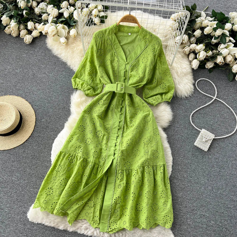 Summer V-neck Hollow Out Dress Women Bubble Sleeves Loose Embroidered Ruffle Edge Long Dresses Ladies Elegant Casual Long Robe