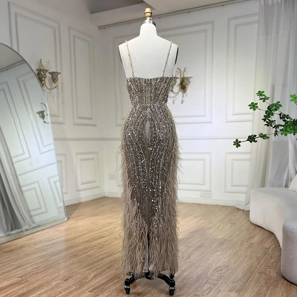 SERENE HILL 2024 White Nude Mermaid Beaded Feathers Luxury Evening Dresses Midi Gown With Cape For Women Wedding Party GLA72047A