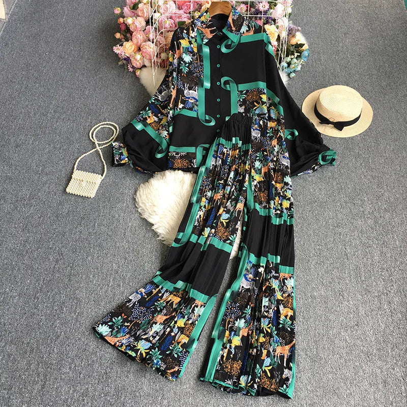 Geometric Pleated Women Pajamas Two Piece Set Batwing Sleeve Shirt Tops Elastic Waist Loose Wide-leg Pants Loungewear Streetwear