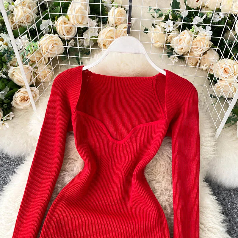Women Long Sleeve Sexy Bodycon Dress with slit Vintage French Fashion Knit v neck Vestidos Basic Tight Elegant Slim Chic Dresses