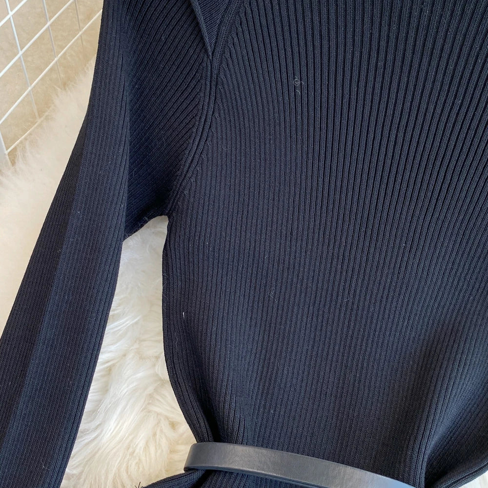 Women Chic Long Sleeve Stand Collar Patchwork A-line Dress Vintage Korean Fashion Knit Vestido Elegant Autumn Winter Knitwear