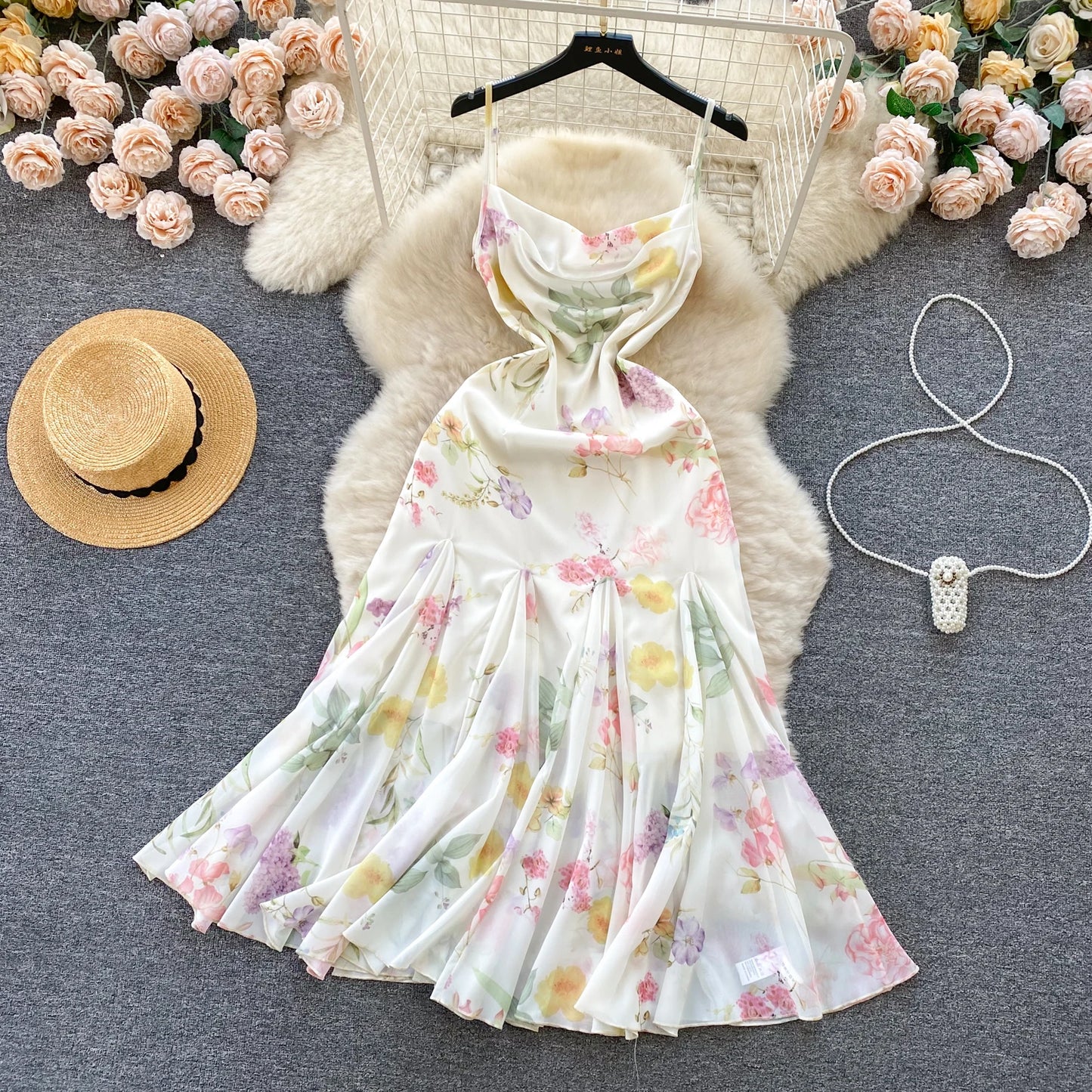 French Elegant Beach Dress 2024 New Women Sexy Floral Printed Slim Mid Length Ruffled Party Dresses Ladies Summer Long Robe