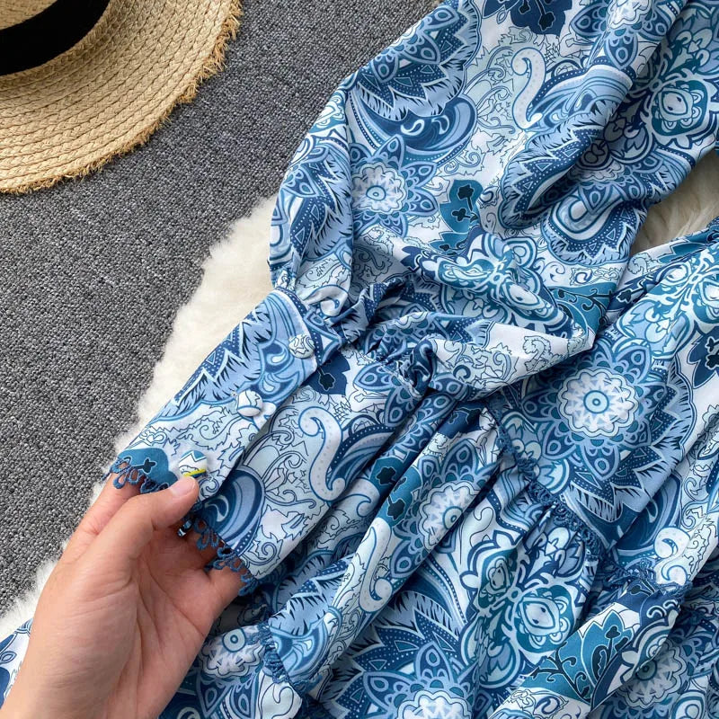 Spring Summer Women Dresses Elegant Vintage Print Holiday Bohemian Beach Dress Stand Collar Long Sleeve Ruffle Tiered Mini Dress