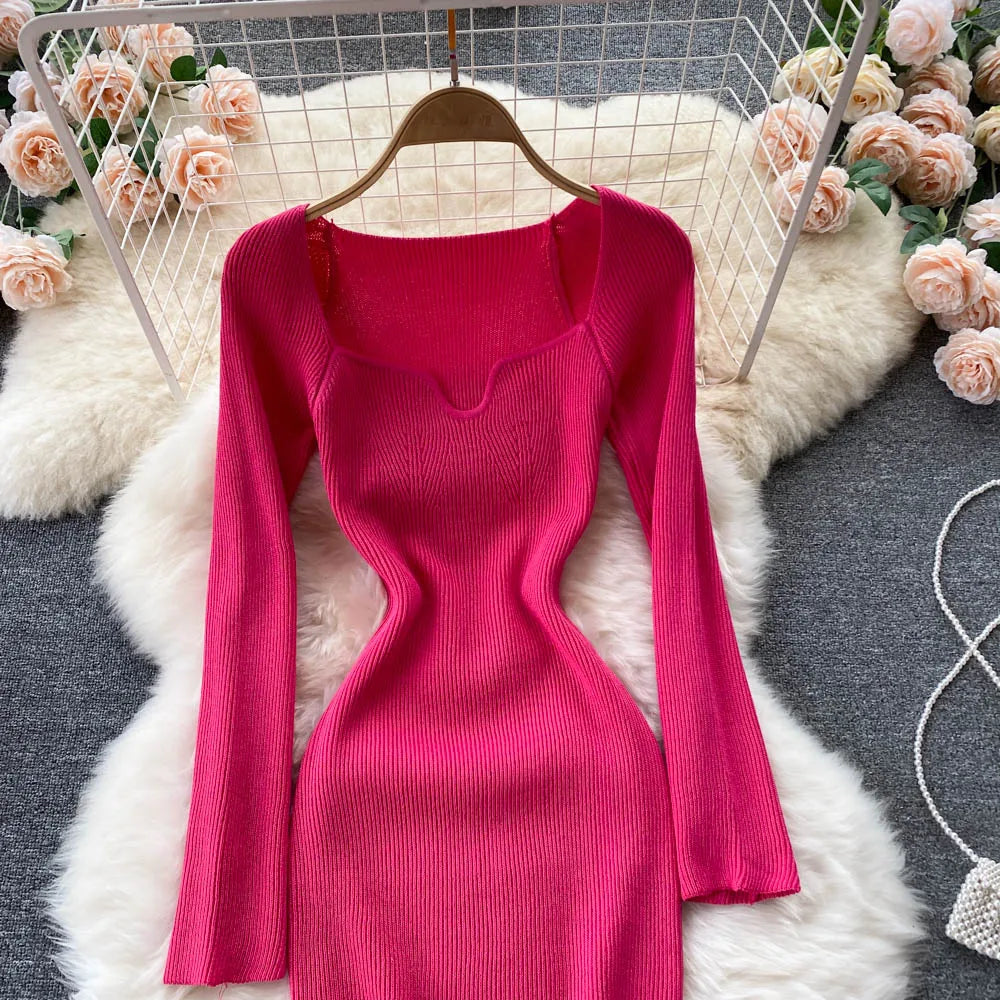 Women Long Sleeve Sexy Bodycon Dress with slit Vintage French Fashion Knit v neck Vestidos Basic Tight Elegant Slim Chic Dresses