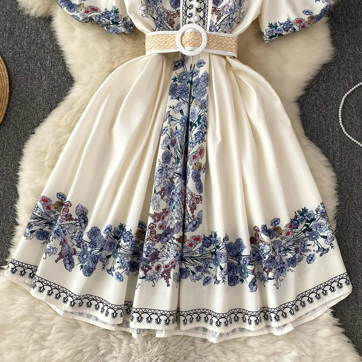 Party Dresses 2023 Elegant Vintage Floral Print Holiday Dress Women V Neck Short Puff Sleeve Summer Clothes Mini Dress With Belt