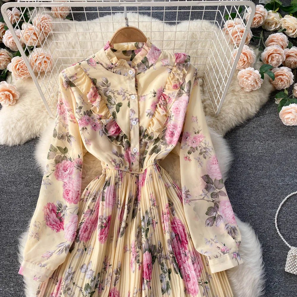 Retro Floral Print Pleated Elegant Chiffon Maxi Dress A-line Fashion Beach Vacation Party Dress Women Summer Spring Vestidos