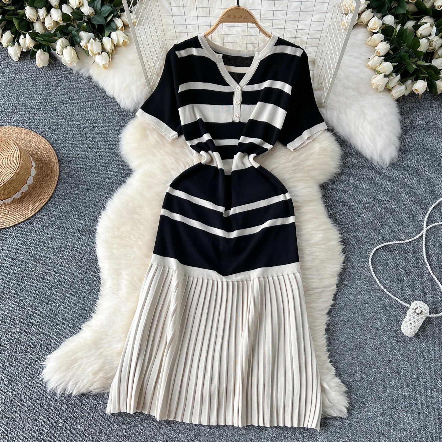 Sexy Chic short sleeve PATCHWORK v-Neck Striped Knit Dress Elegant Fashion Party Slim Summer A-line sweet dresses