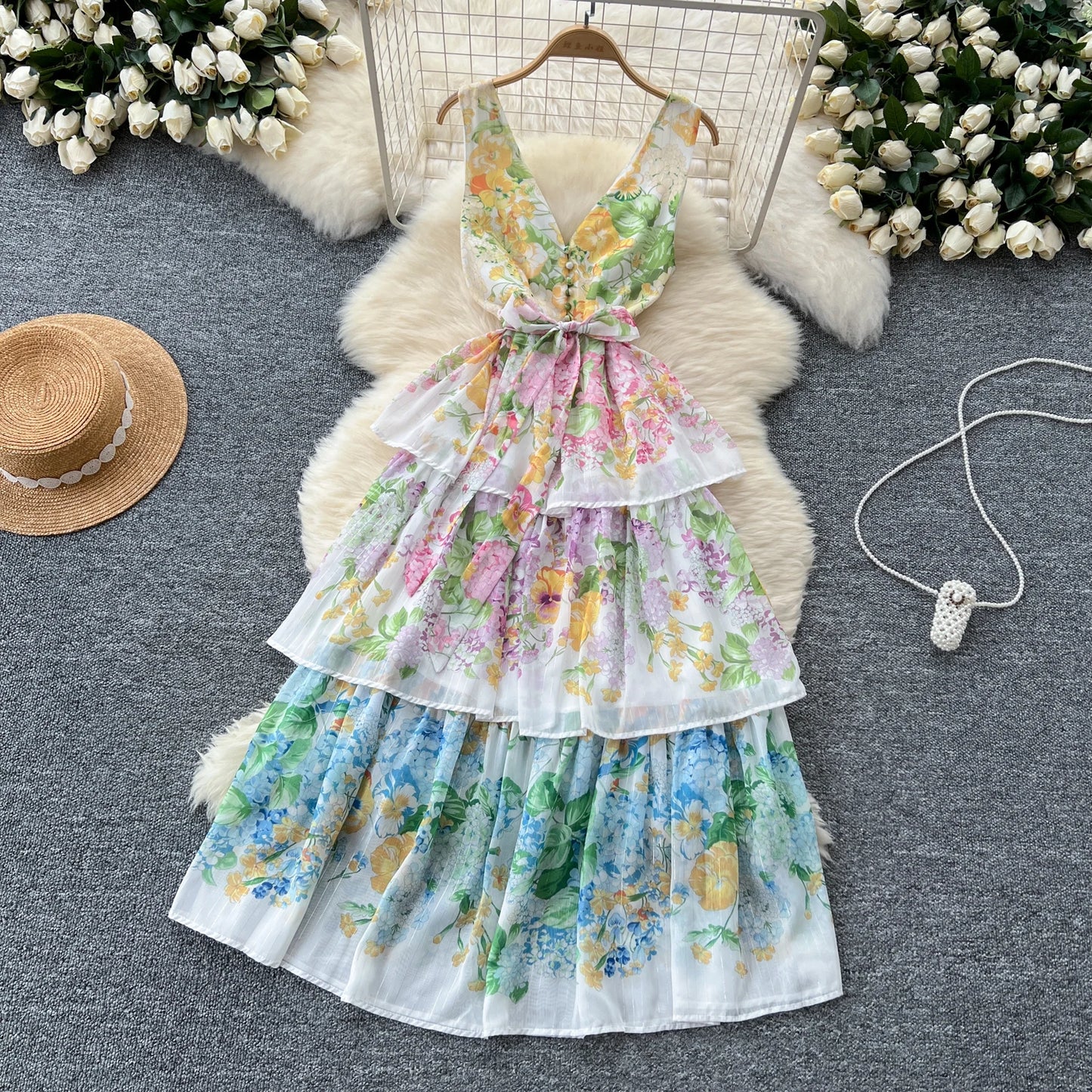 Vintage Print Elegant Sleeveless A-line Vneck Ruffle Bandage Dress Casual Women Fashion Autumn Spring Dress