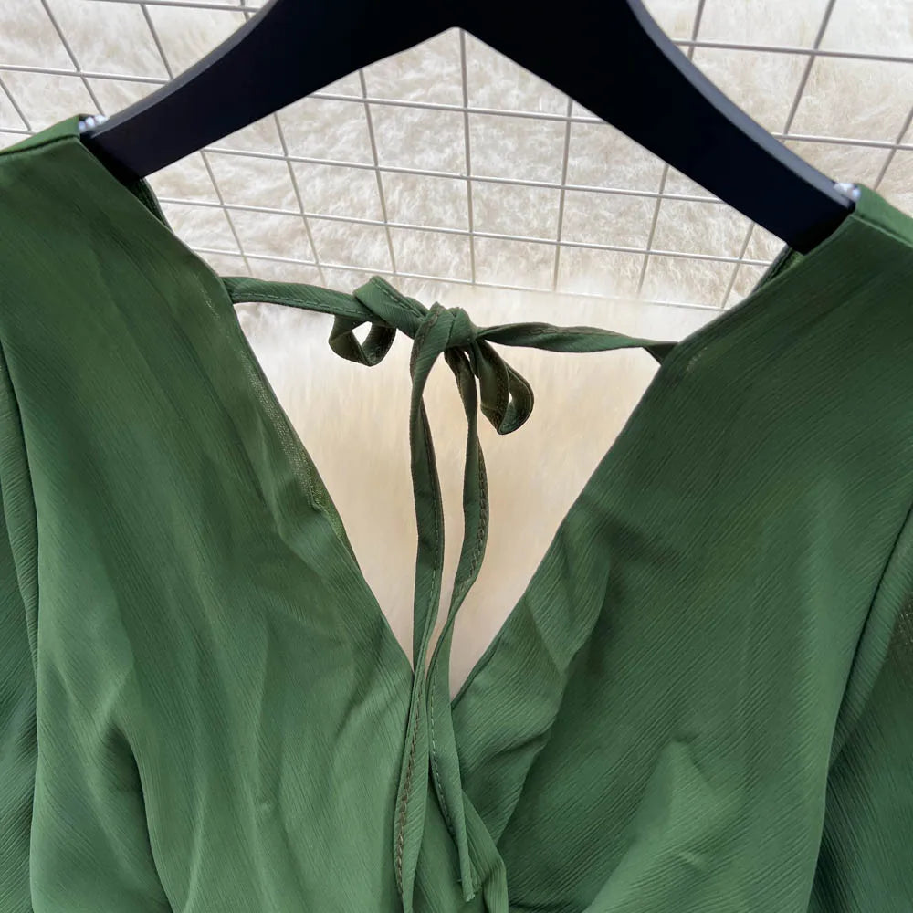 Vintage Elegant V-neck chiffon Dress A-line Fashion Beach Spring Summer Vestidos Women Bandage Sweet dresses