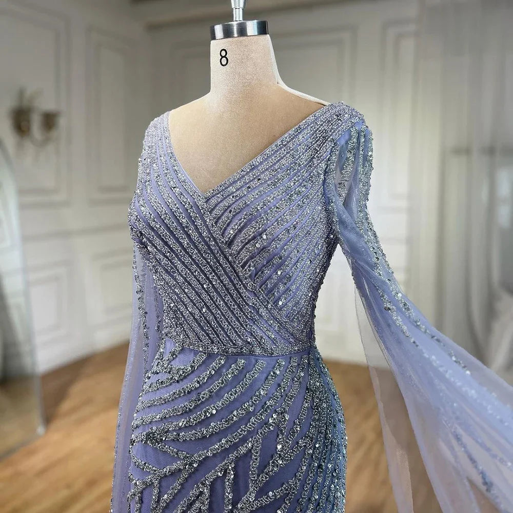 SERENE HILL 2024 Arabic Dubai Caramel Mermaid Luxury Beaded Evening Dresses Cape Sleeves Gowns For Women Wedding Party GLA71493A