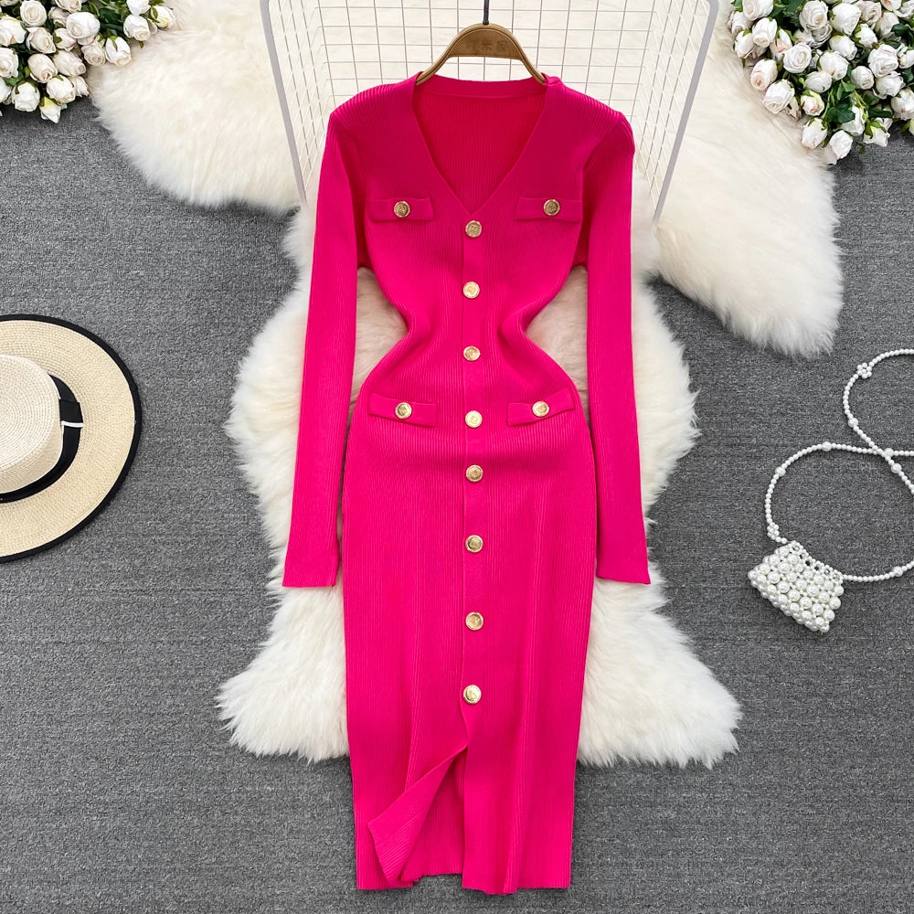 Sexy Split V-neck Long Sleeve Bodycon Dress Chic Elegant Evening Party French Fashion Knit Vestidos Women Autumn Pencil Dress
