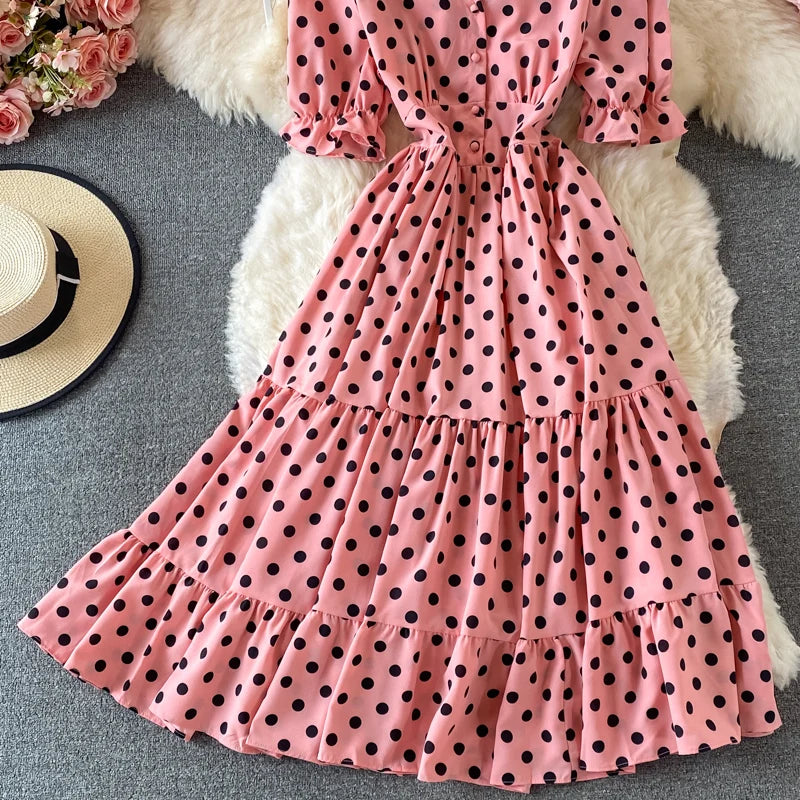 New Summer Women's Fashion Vintage Polka Dot Midi Dress Elegant and Chic A-Line Party Casual White Black Vestidos Female Robe
