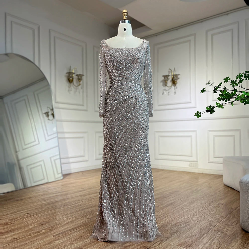 SERENE HILL 2024 Arabic Dubai Silver Gray Beaded Mermaid Evening Dresses Long Sleeves Gown With Skirt For Women Party GLA71618L